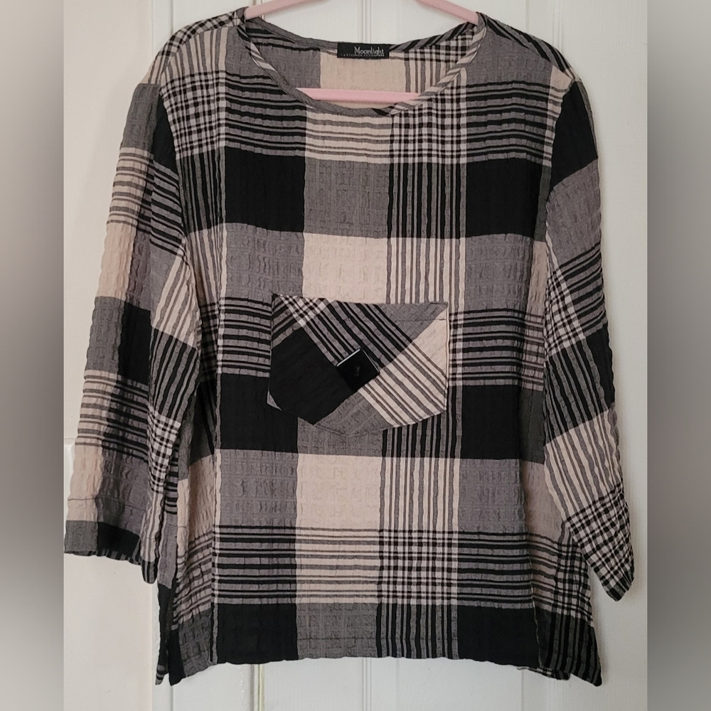 Moonlight Women's Plaid Blouse - Black, Gray, Tan